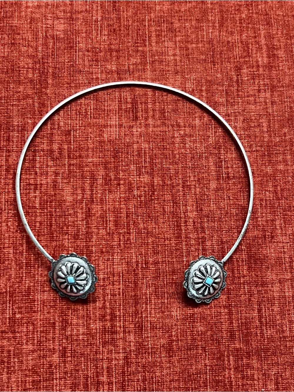 Silver-Tone Floral Open Collar Necklace with Turquoise Accents